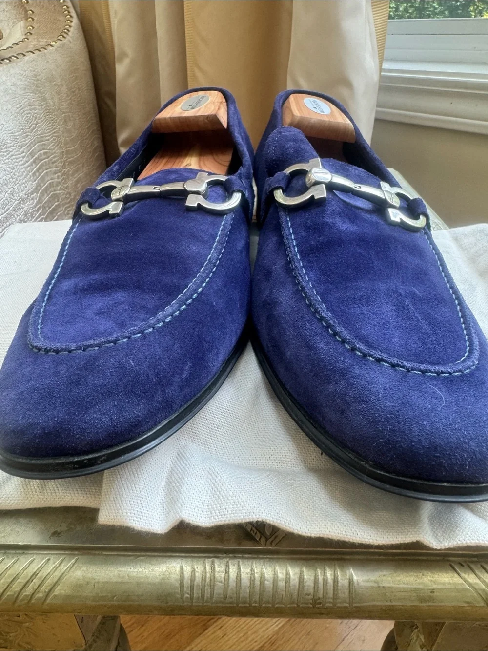 Salvatore Ferragamo Navy Suede Gancini Bit Loafers 12 2E
